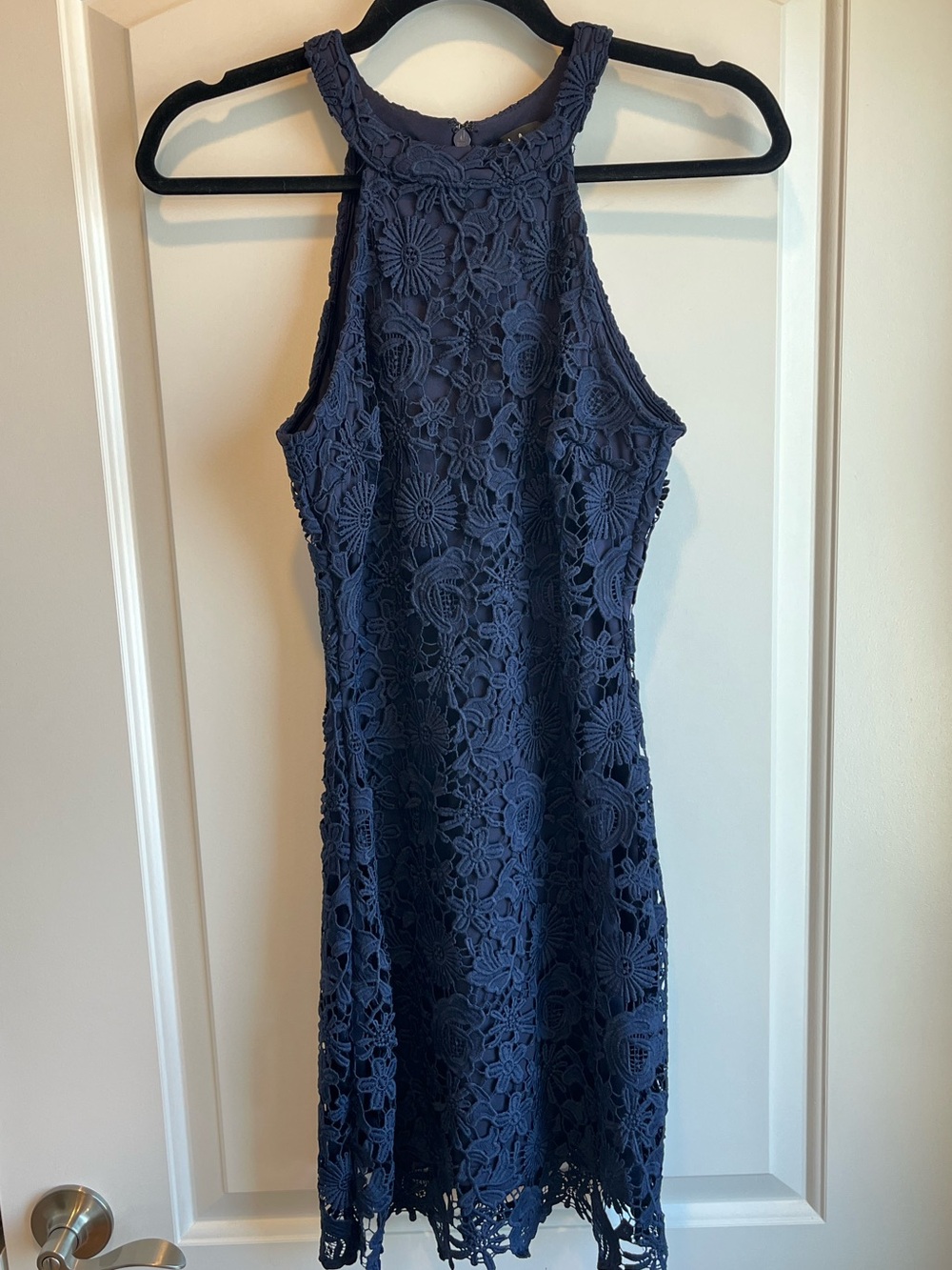 Lulus Navy Blue Floral Lace Halter Fitted Lined Mini Dress Size XS